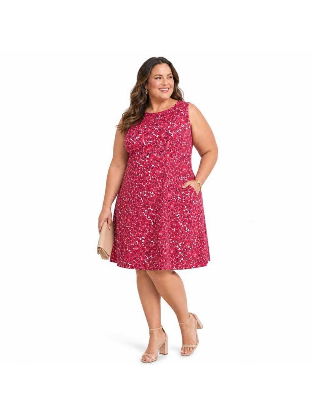 Talbots Red Floral Romantic Sleeveless Dress Women14 Cotton/Spandex Pockets Boho